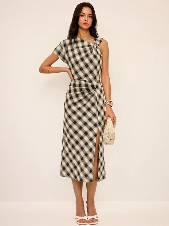 Commense Dresses & Skirts - Commense Plaid One-Shoulder Midi Dress